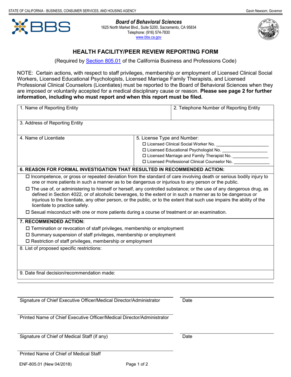 Form ENF-805.01 Health Facility / Peer Review Reporting Form - California, Page 1
