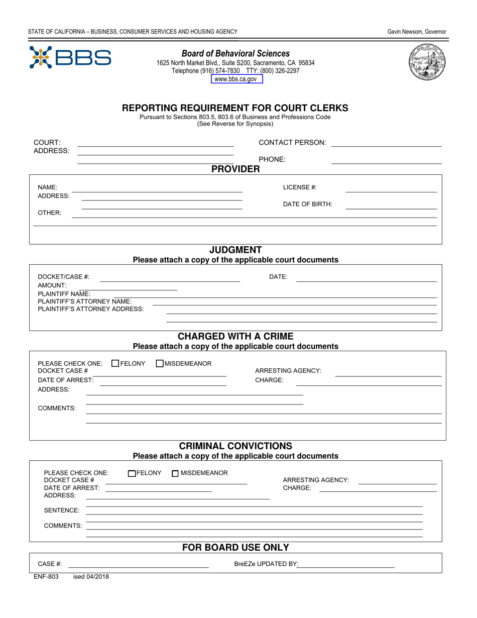 Form ENF-803 Reporting Requirement for Court Clerks - California, Page 1