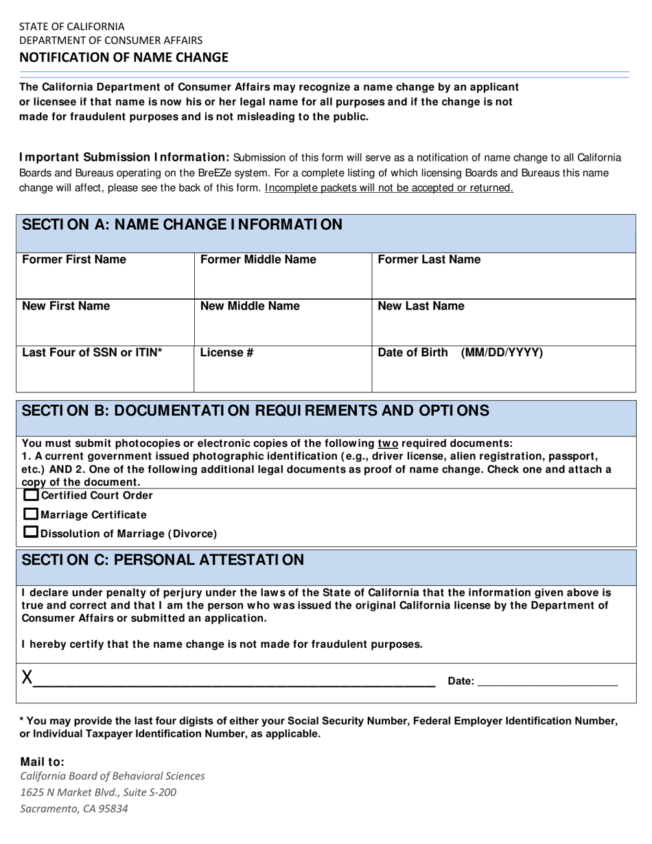 California Notification of Name Change Fill Out, Sign Online and