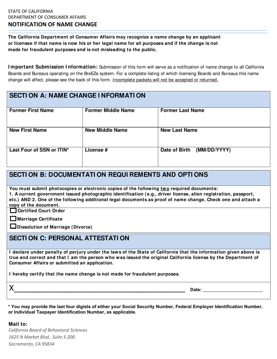 Notification of Name Change - California, Page 1