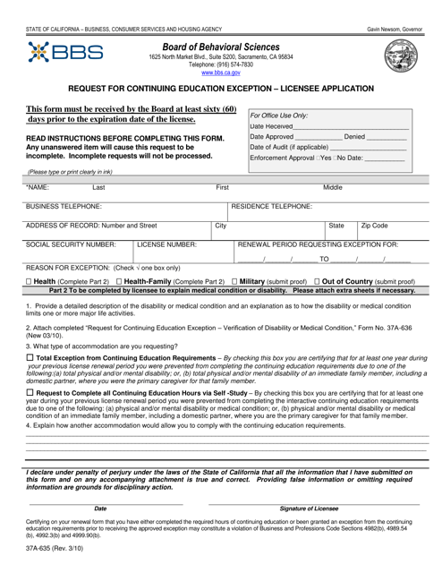 Form 37A-635 Request for Continuing Education Exception - Licensee Application - California