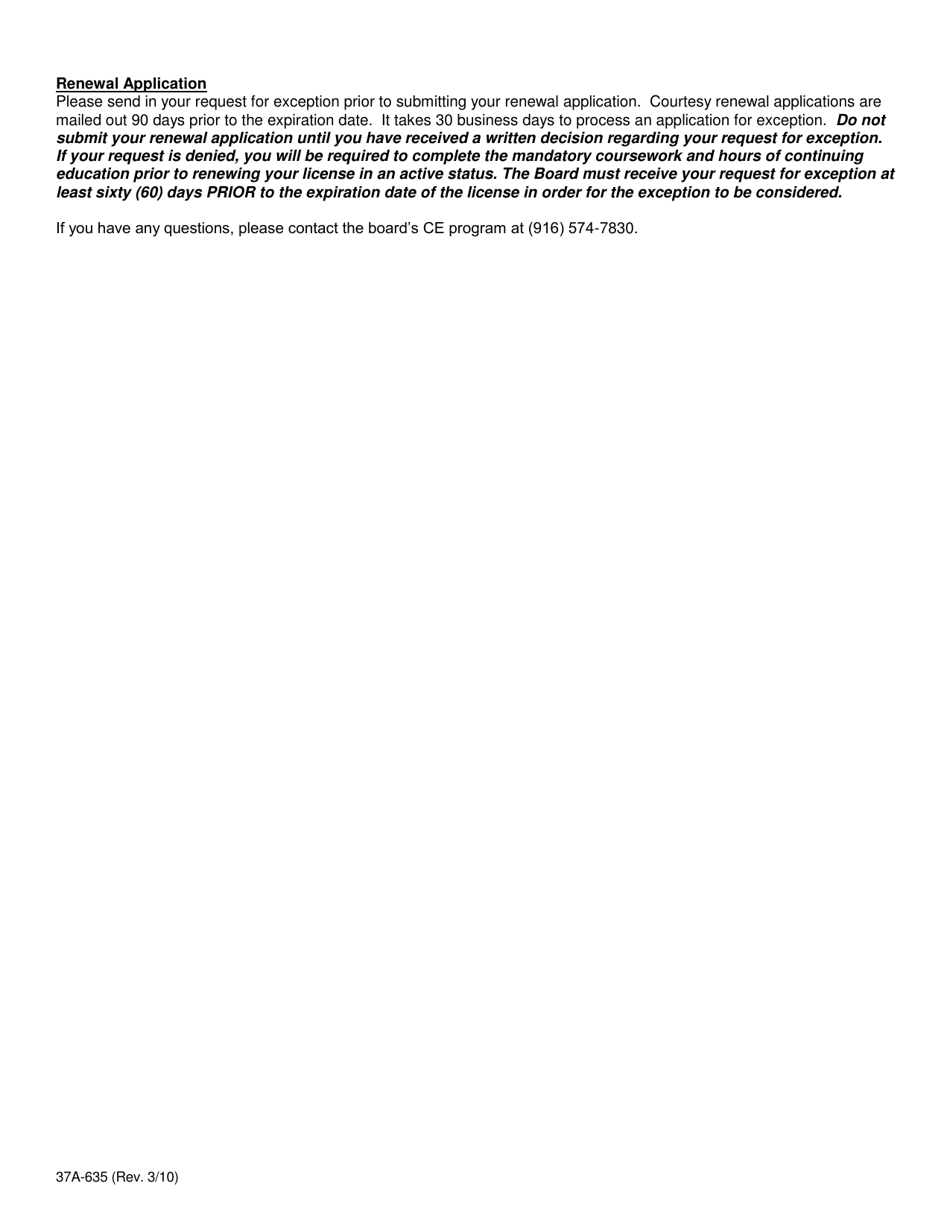 Form 37A-635 Request for Continuing Education Exception - Licensee Application - California, Page 3