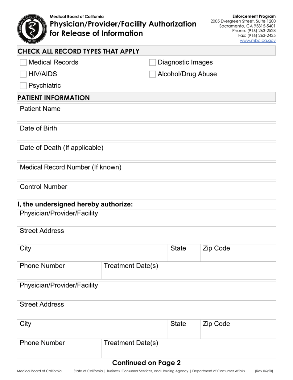 California Physician/Provider/Facility Authorization for Release of Information Fill Out, Sign