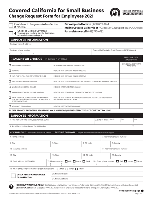 Change Request Form for Employees - California Download Pdf