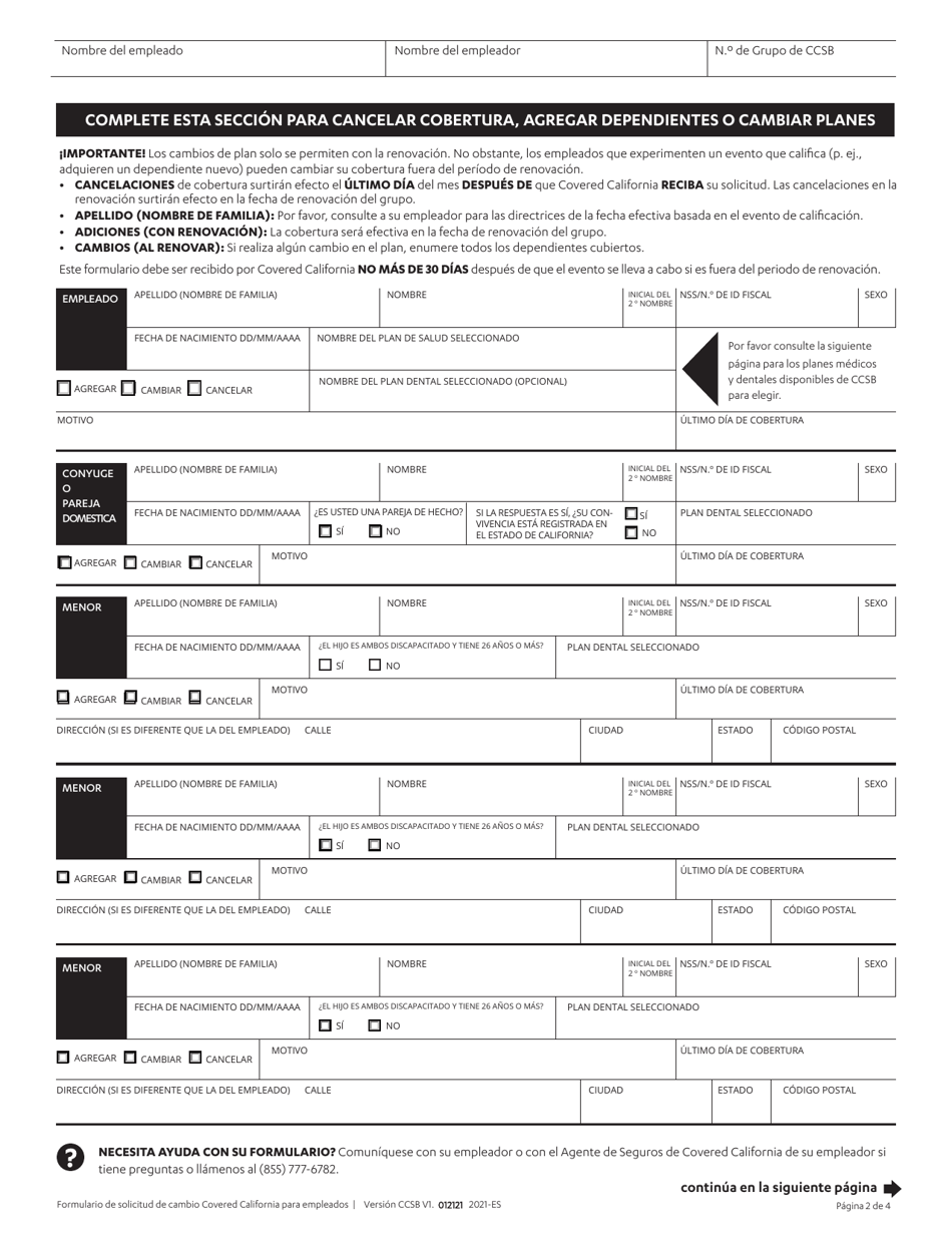 Formulario De Solicitud De Cambio Para Los Empleados - California (Spanish), Page 2