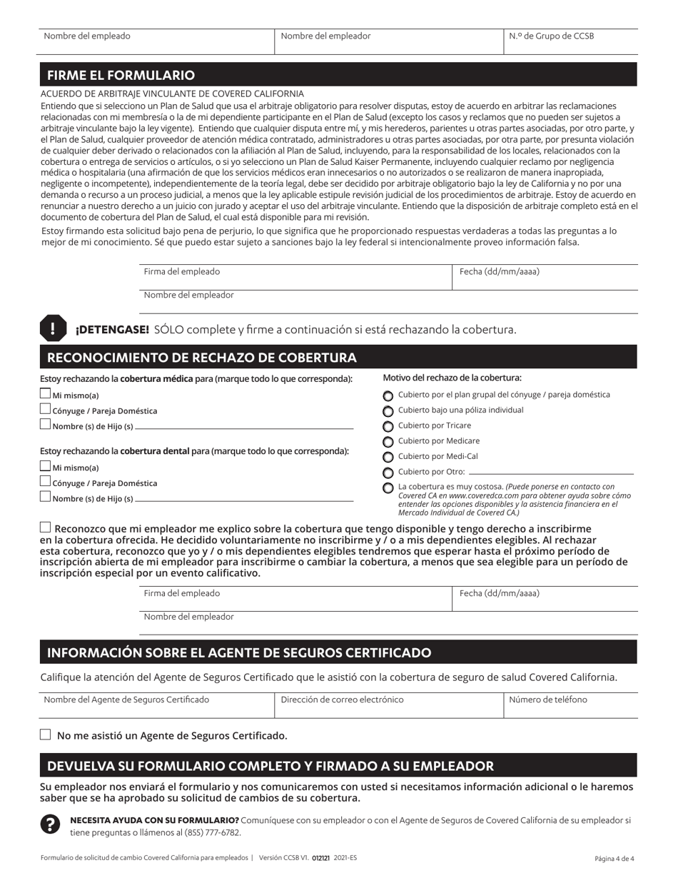 Formulario De Solicitud De Cambio Para Los Empleados - California (Spanish), Page 4