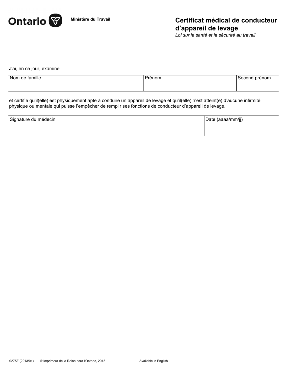 Forme 0275F Certificat Medical De Conducteur D'appareil De Levage - Ontario, Canada (French), Page 1