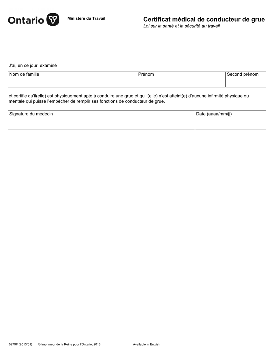 Forme 0279F Certificat Medical De Conducteur De Grue - Ontario, Canada (French), Page 1