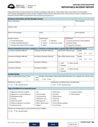 Form HLTH1622 Assisted Living Registrar - Reportable Incident Report - British Columbia, Canada