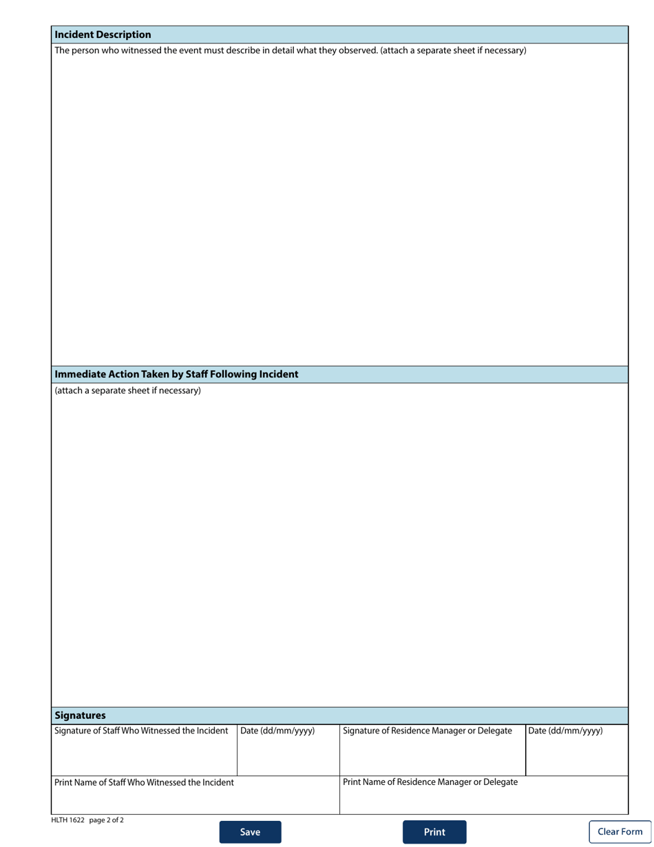 Form HLTH1622 Assisted Living Registrar - Reportable Incident Report - British Columbia, Canada, Page 2