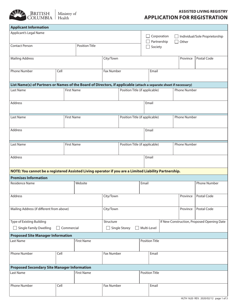 Form HLTH1620 Application for Registration - British Columbia, Canada, Page 1