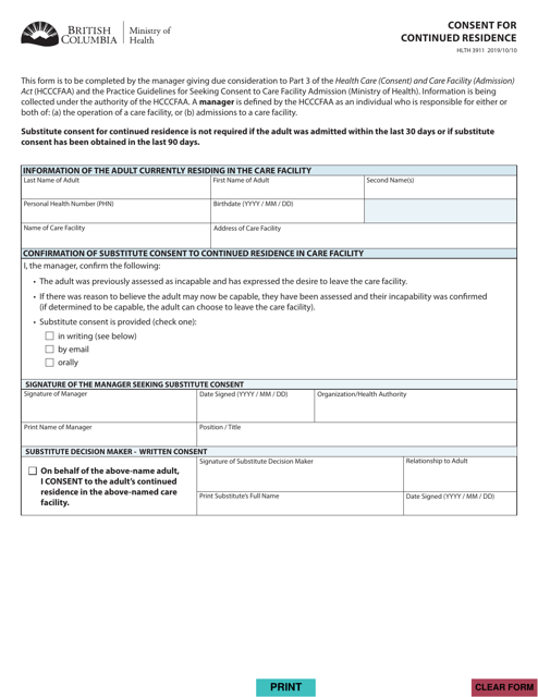 Form HLTH3911 Consent for Continued Residence - British Columbia, Canada