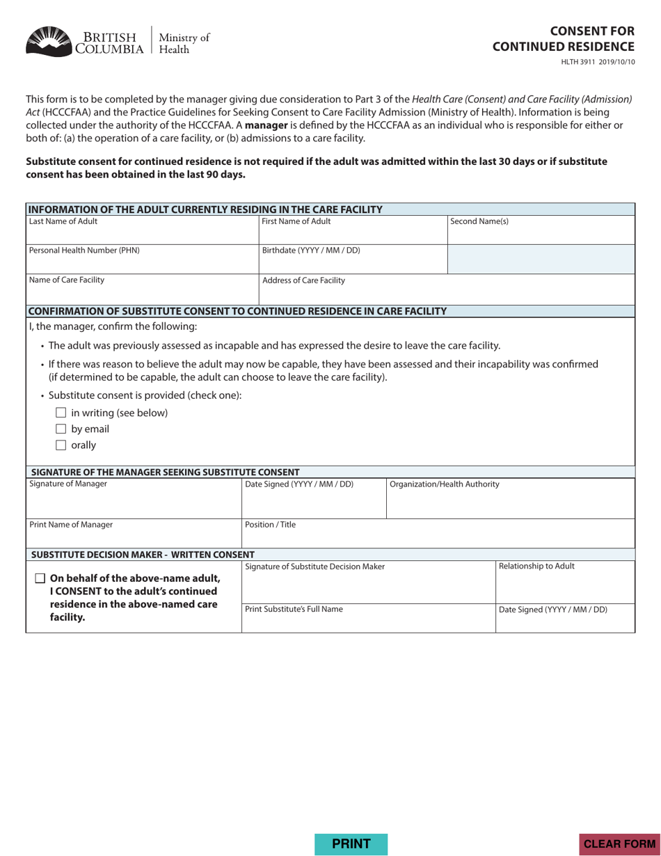 Form HLTH3911 Consent for Continued Residence - British Columbia, Canada, Page 1