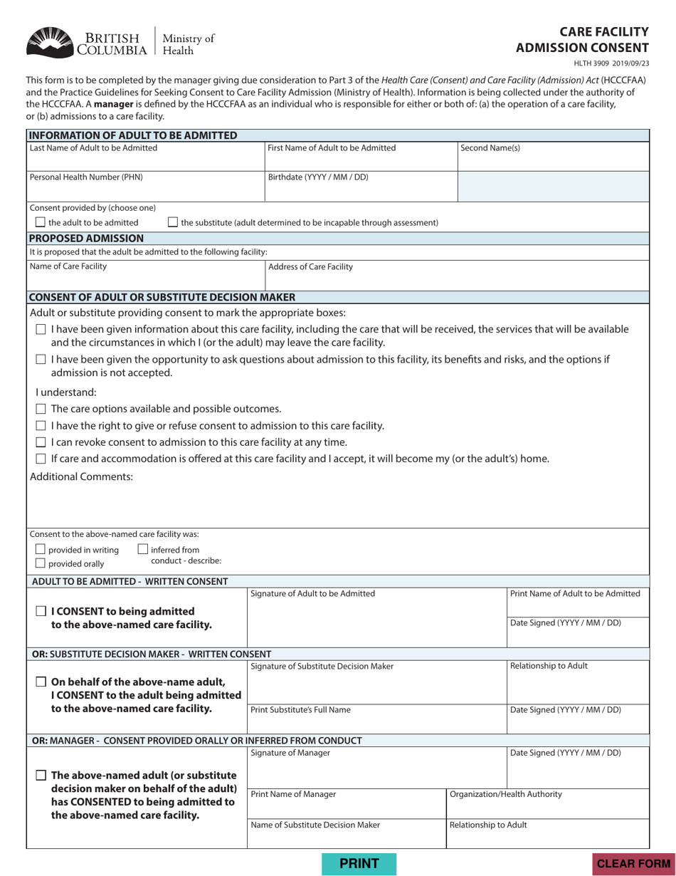 Form HLTH3909 Care Facility Admission Consent - British Columbia, Canada, Page 1