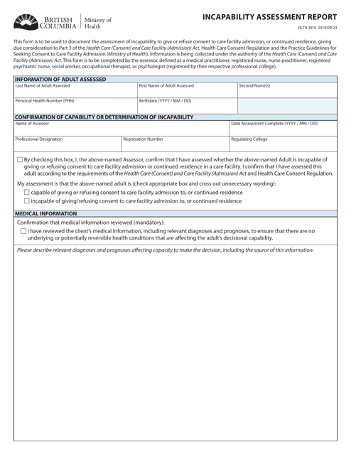 Form HLTH3910 Incapability Assessment Report - British Columbia, Canada