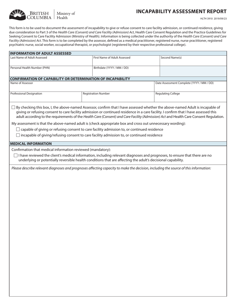 Form HLTH3910 Incapability Assessment Report - British Columbia, Canada, Page 1