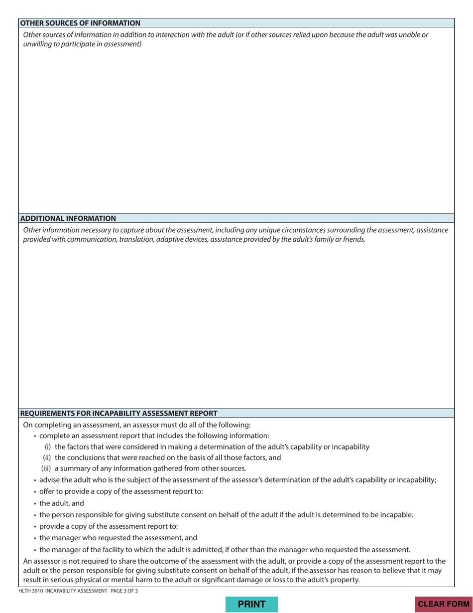 Form HLTH3910 Incapability Assessment Report - British Columbia, Canada, Page 3