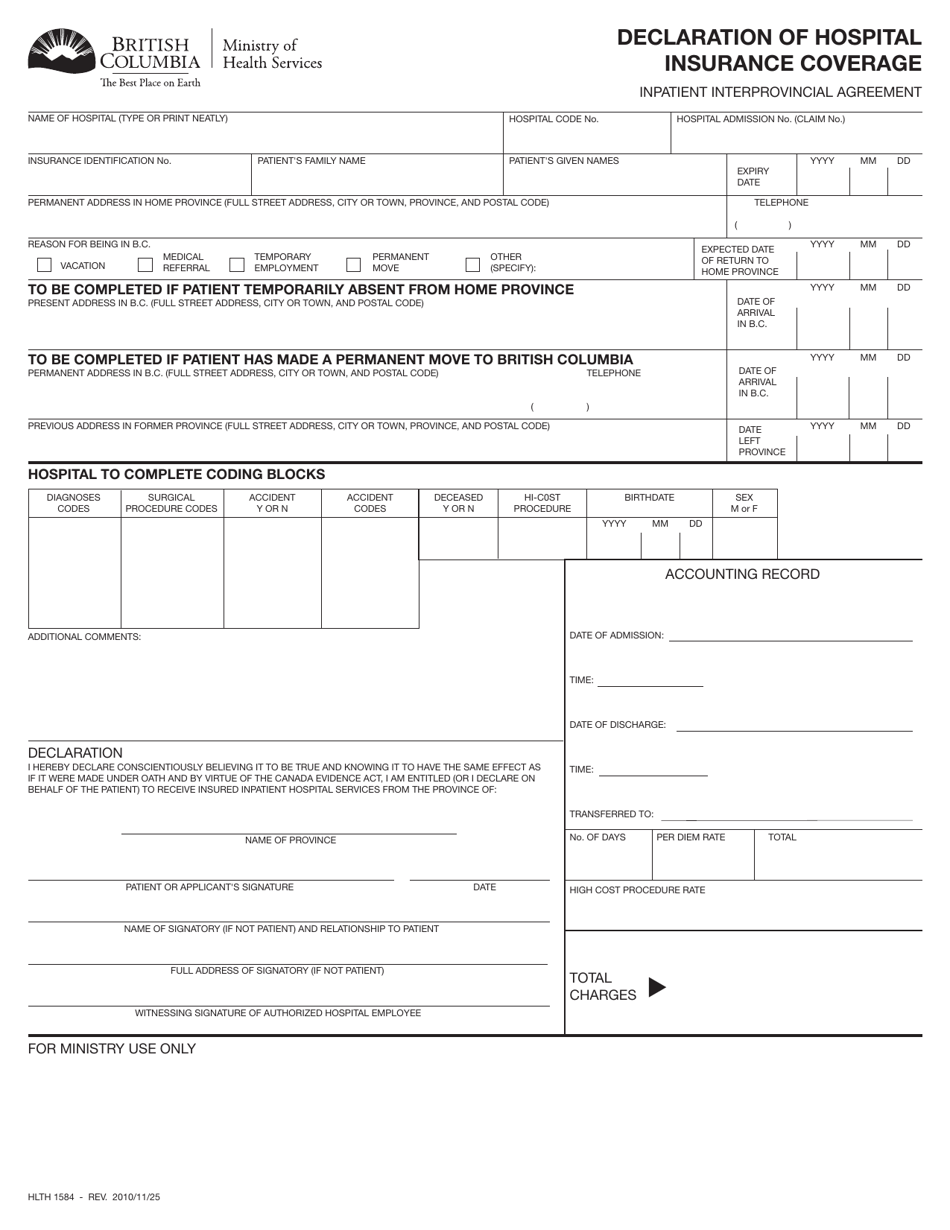 Form HLTH1584 Declaration of Hospital Insurance Coverage - British Columbia, Canada, Page 1