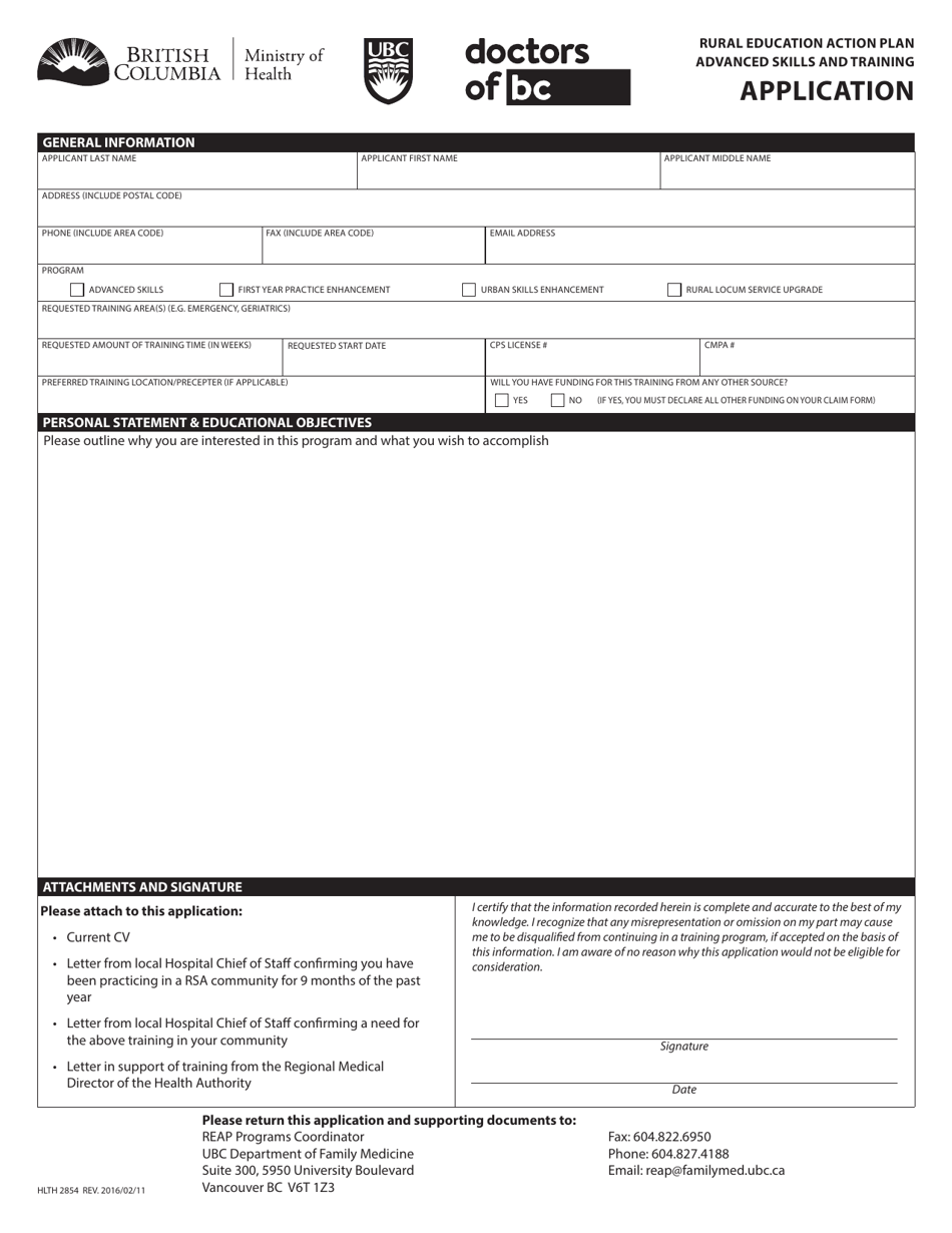 Form HLTH2854 Reap Skills Application - British Columbia, Canada, Page 1