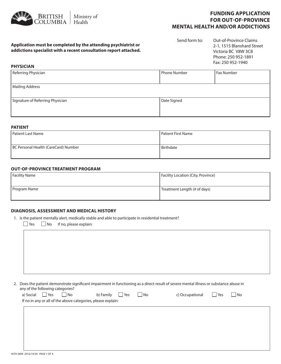 Form HLTH2809 Funding Application for out-Of-Province Mental Health and / or Addictions - British Columbia, Canada, Page 1