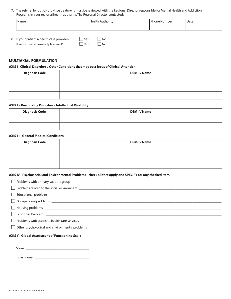 Form HLTH2809 Funding Application for out-Of-Province Mental Health and / or Addictions - British Columbia, Canada, Page 3