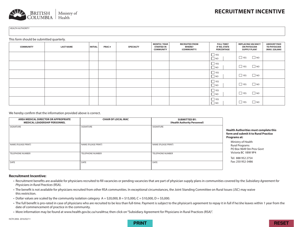Form HLTH2856 Recruitment Incentive - British Columbia, Canada, Page 1