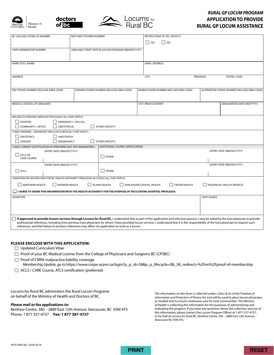Form HLTH2803 Application to Provide Rural Gp Locum Assistance - British Columbia, Canada, Page 1
