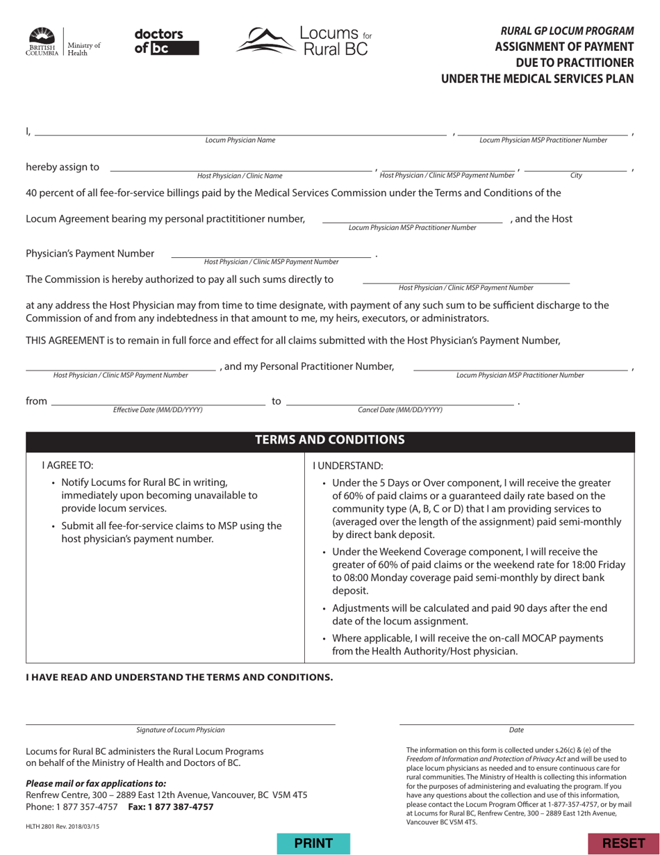 Form HLTH2801 Assignment of Payment Due to Practitioner Under the Medical Services Plan - British Columbia, Canada, Page 1