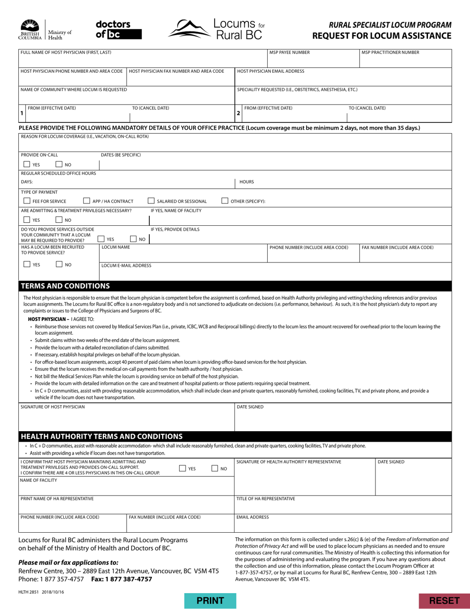 Form HLTH2851 Rural Specialist Locum Program Request for Locum Assistance - British Columbia, Canada, Page 1