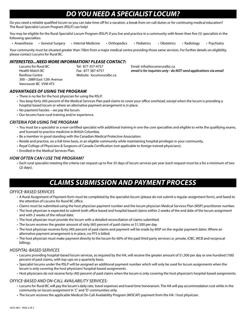 Form HLTH2851 Rural Specialist Locum Program Request for Locum Assistance - British Columbia, Canada, Page 2