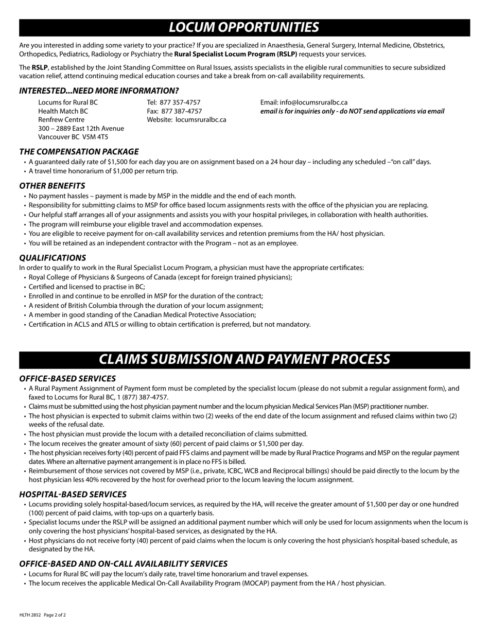 Form HLTH2852 Application to Provide Specialist Locum Services - British Columbia, Canada, Page 2