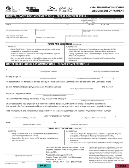 Form HLTH2866 Rural Specialist Locum Program Assignment of Payment - British Columbia, Canada
