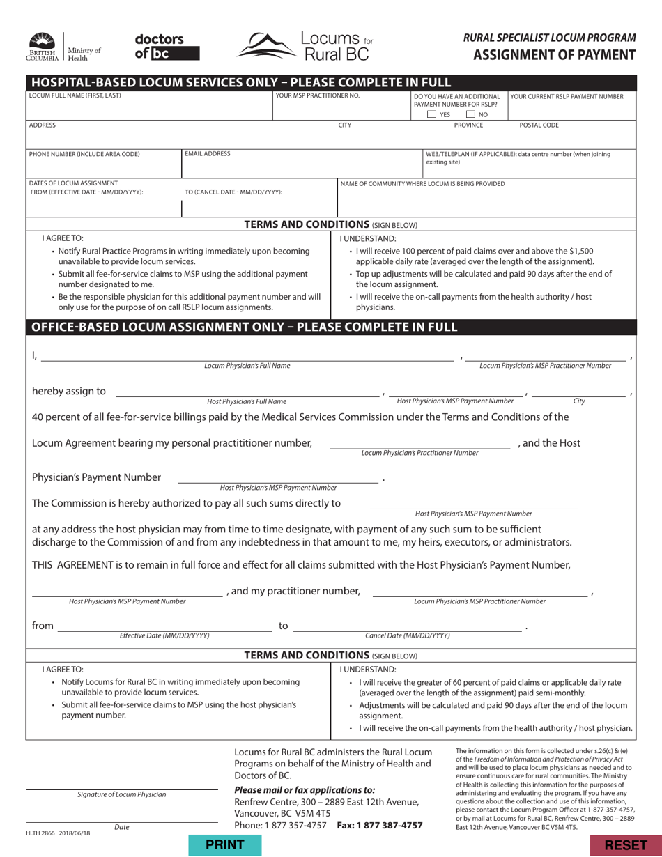 Form HLTH2866 Rural Specialist Locum Program Assignment of Payment - British Columbia, Canada, Page 1