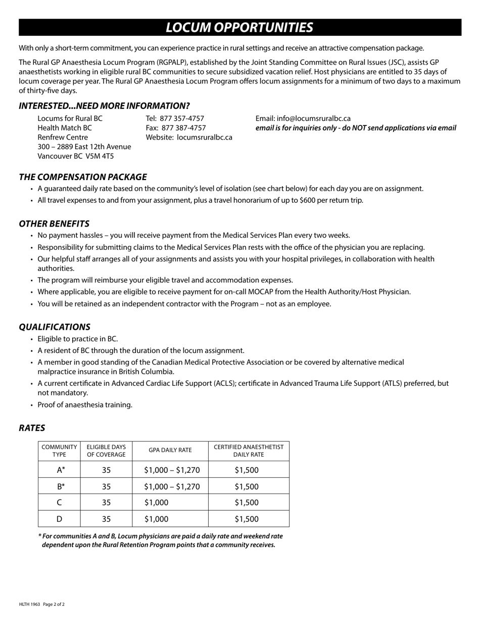 Form HLTH1963 Application to Provide Gp Anesthesia Locum Services - British Columbia, Canada, Page 2