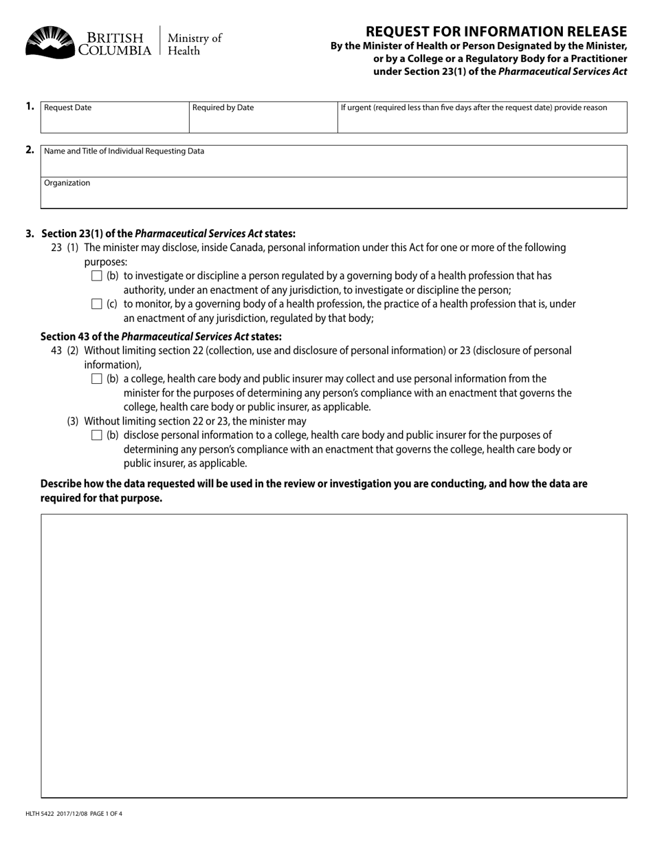 Form HLTH5422 Request for Information Release by the Minister of Health or Person Designated by the Minister, or by a College or a Regulatory Body for a Practitioner - British Columbia, Canada, Page 1