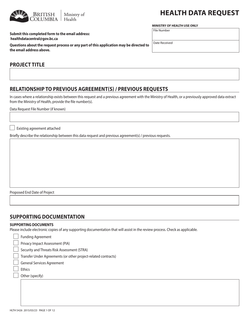 Form HLTH5426 Health Data Request - British Columbia, Canada, Page 1