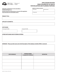 Document preview: Form HLTH5451 Application for Data From the Ministry of Health for Evaluation and Planning Purposes - British Columbia, Canada