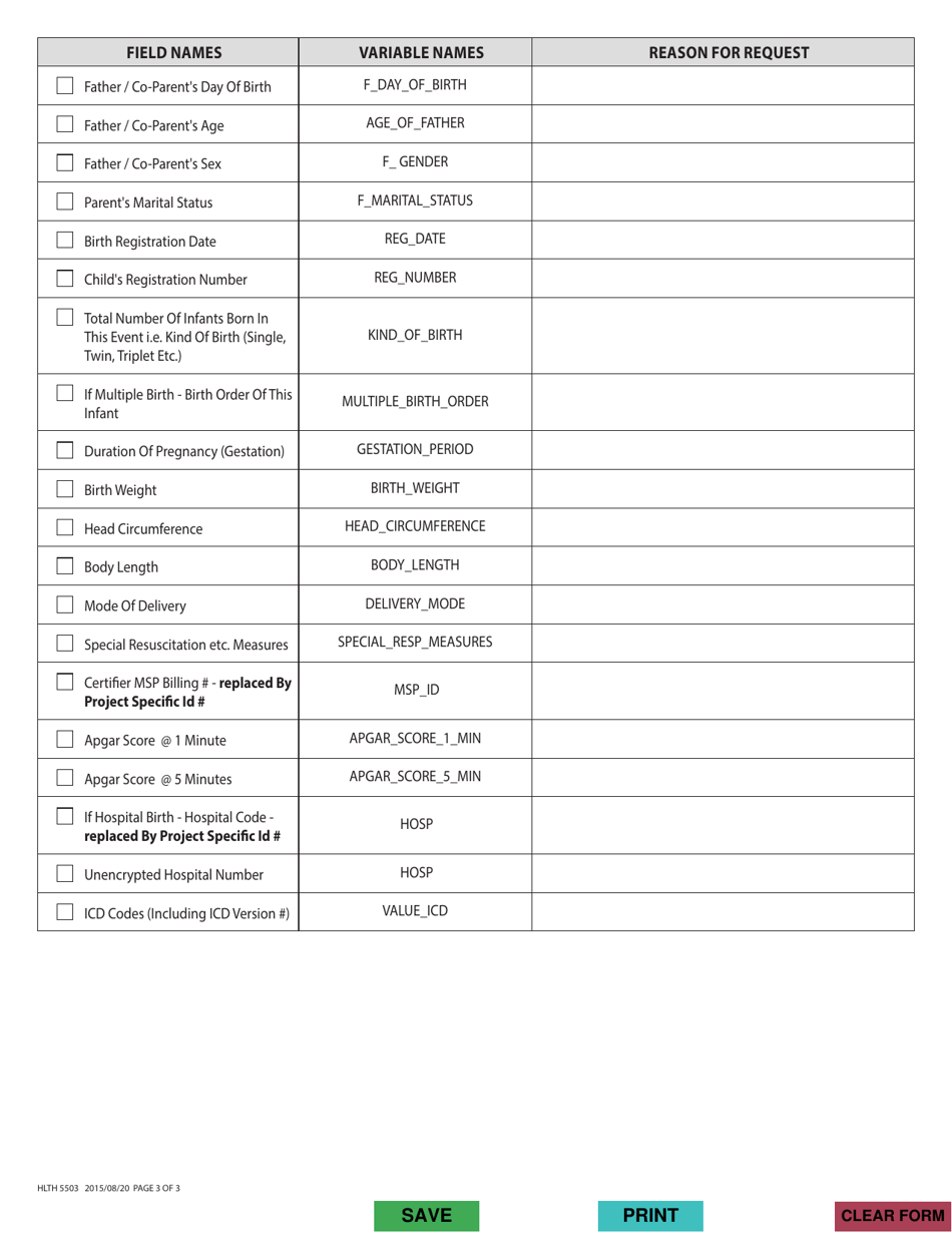 Form HLTH5503 Health Authority Application for Data for Evaluation and Planning Purposes From the Ministry of Health - Vital Statistics Births File (January 1, 1986 Onwards) - British Columbia, Canada, Page 3