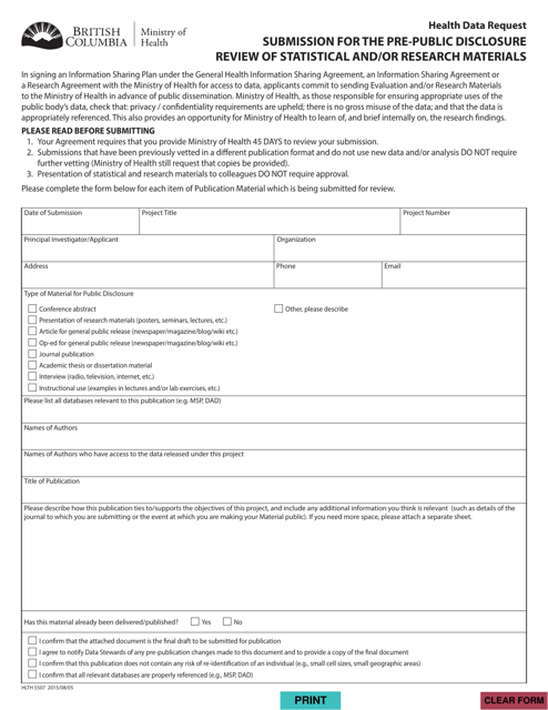 Form HLTH5507 Health Data Request - Submission for the Pre-public Disclosure Review of Statistical and/or Research Materials - British Columbia, Canada