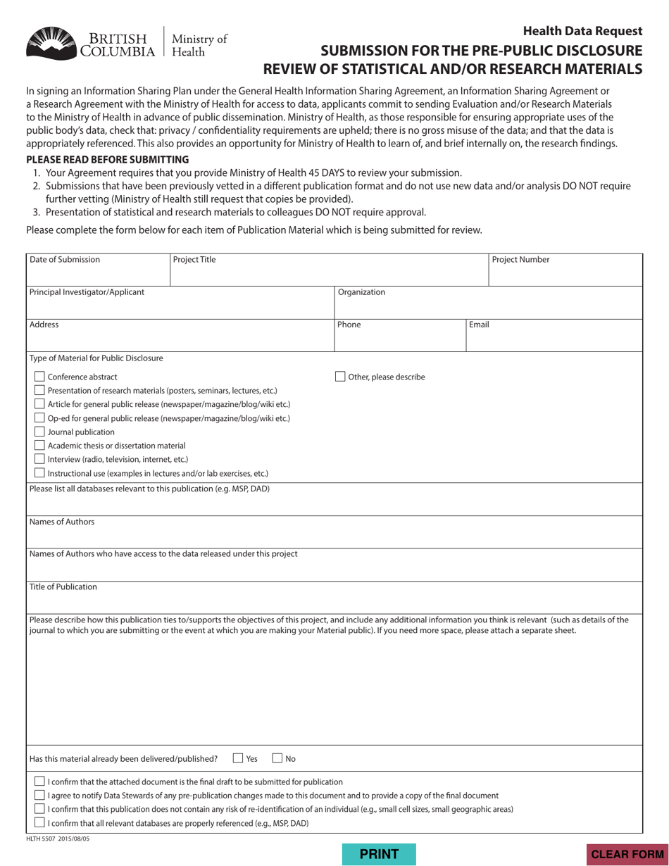 Form HLTH5507 Health Data Request - Submission for the Pre-public Disclosure Review of Statistical and / or Research Materials - British Columbia, Canada, Page 1