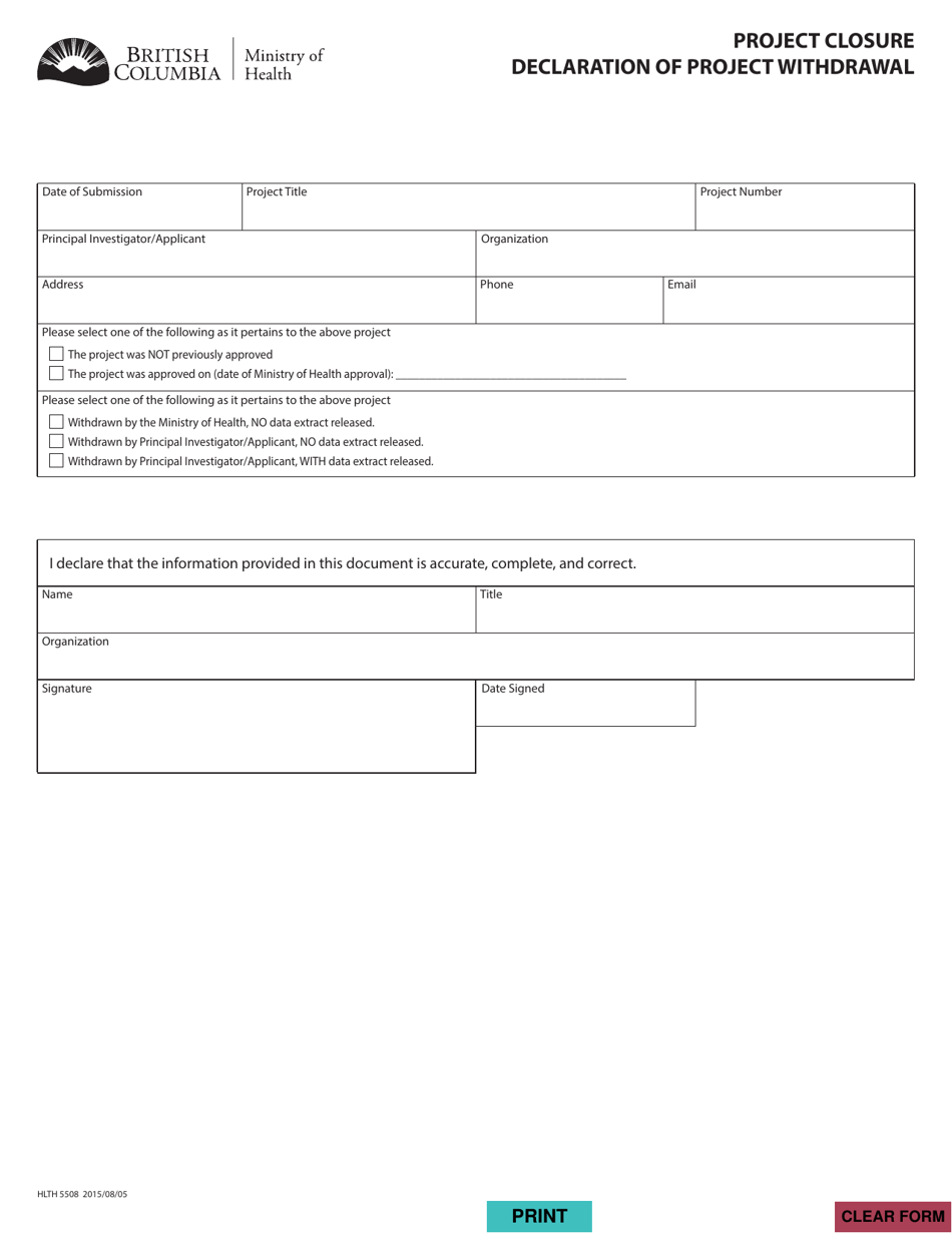 Form HLTH5508 Project Closure - Declaration of Project Withdrawal - British Columbia, Canada, Page 1
