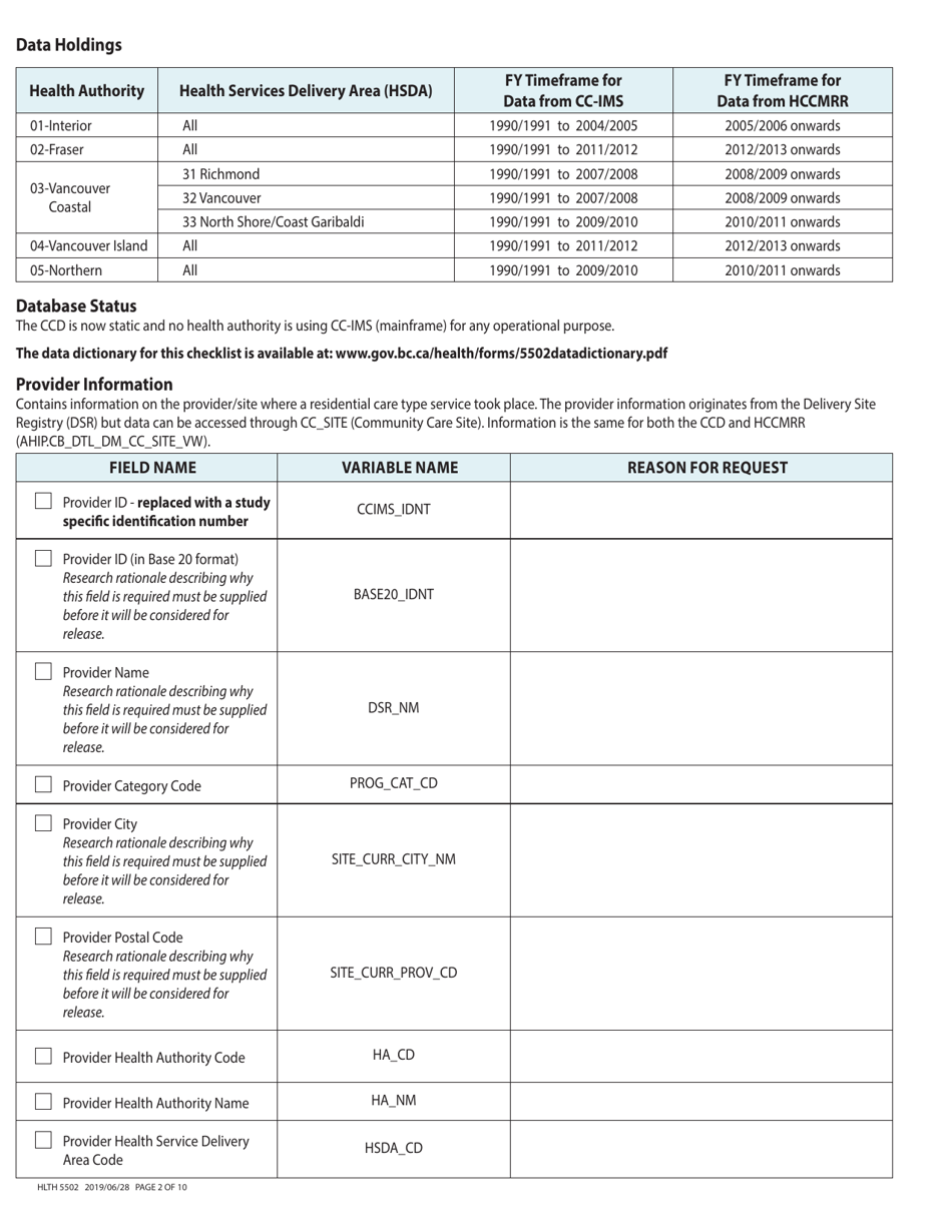 Form HLTH5502 Health Authority Application for Data for Evaluation and Planning Purposes From the Ministry of Health - Home and Community Care Data File - British Columbia, Canada, Page 2