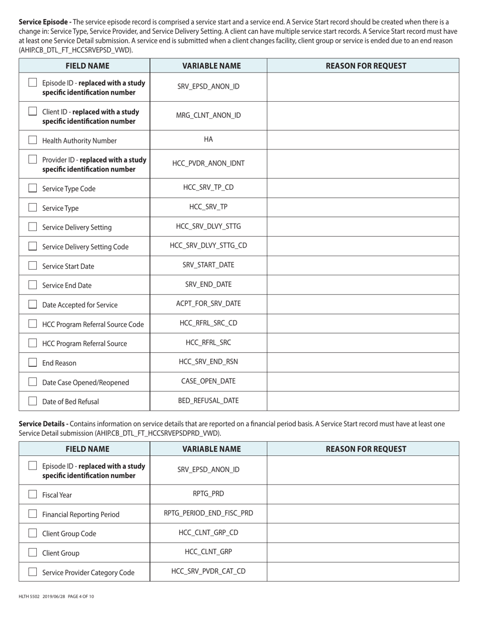Form HLTH5502 Health Authority Application for Data for Evaluation and Planning Purposes From the Ministry of Health - Home and Community Care Data File - British Columbia, Canada, Page 4