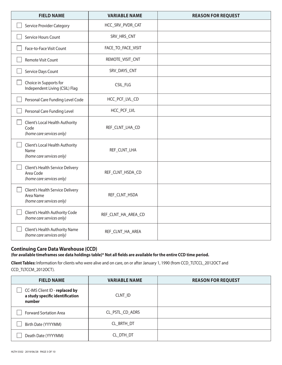 Form HLTH5502 Health Authority Application for Data for Evaluation and Planning Purposes From the Ministry of Health - Home and Community Care Data File - British Columbia, Canada, Page 5