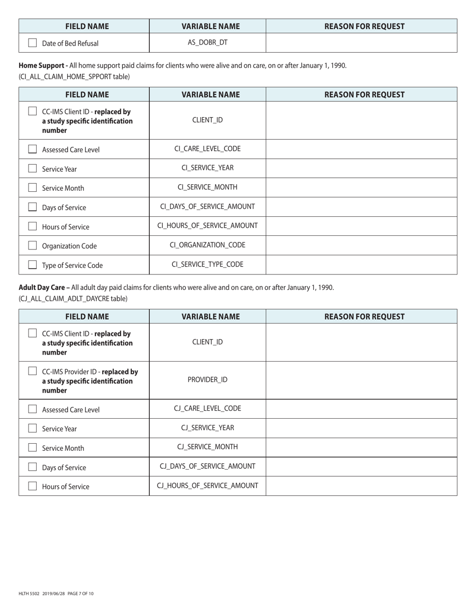 Form HLTH5502 Health Authority Application for Data for Evaluation and Planning Purposes From the Ministry of Health - Home and Community Care Data File - British Columbia, Canada, Page 7