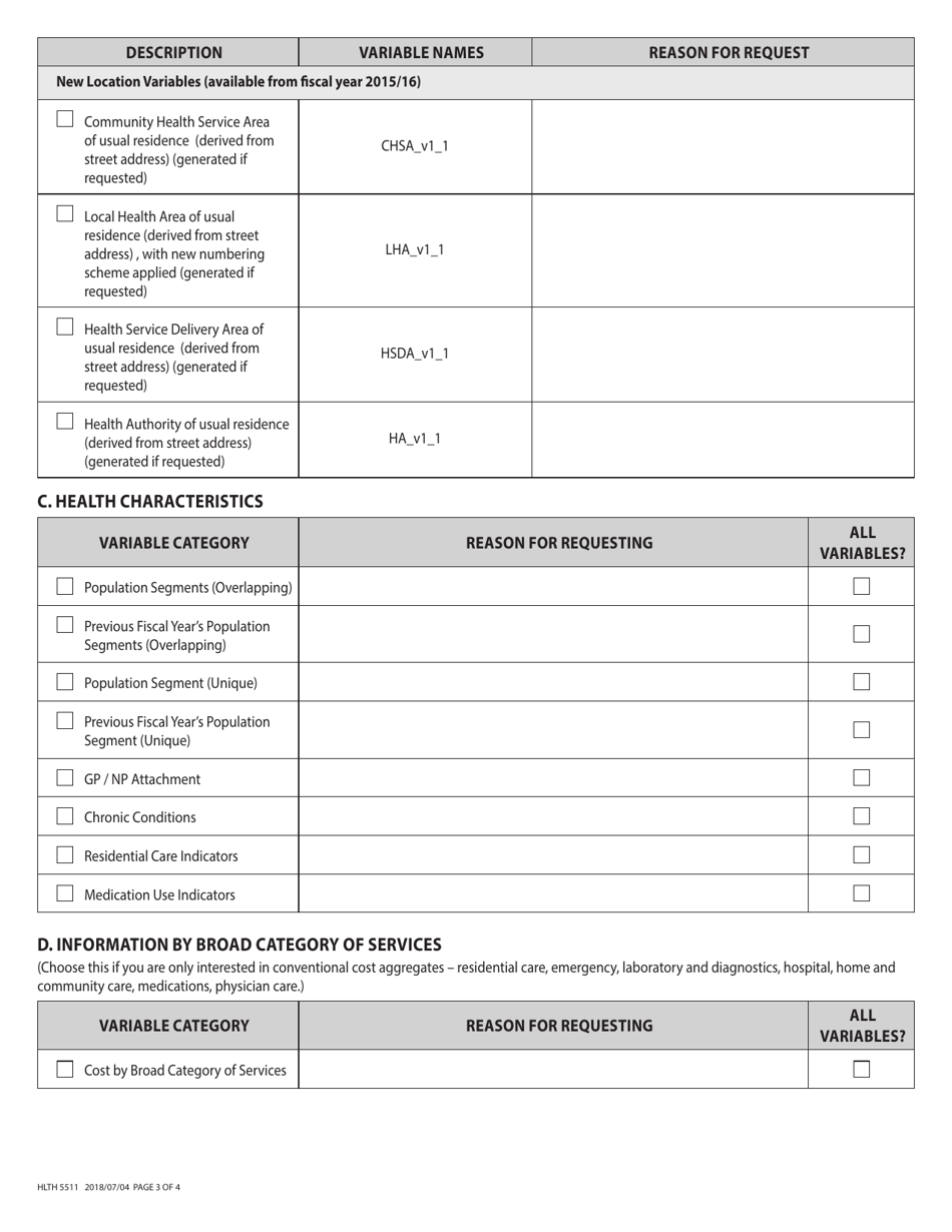 Form HLTH5511 Health Authority Application for Data for Evaluation and Planning Purposes From the Ministry of Health - Health System Matrix - British Columbia, Canada, Page 3
