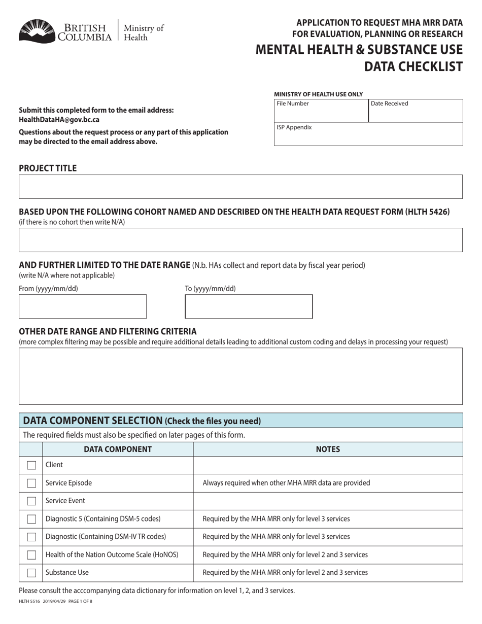 Form HLTH5516 Application to Request Mha Mrr Data for Evaluation, Planning or Research - Mental Health  Substance Use (Mha Mrr) Data Checklist - British Columbia, Canada, Page 1