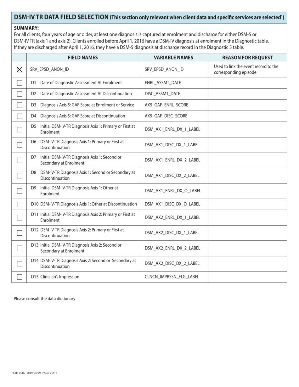 Form HLTH5516 Application to Request Mha Mrr Data for Evaluation, Planning or Research - Mental Health  Substance Use (Mha Mrr) Data Checklist - British Columbia, Canada, Page 5