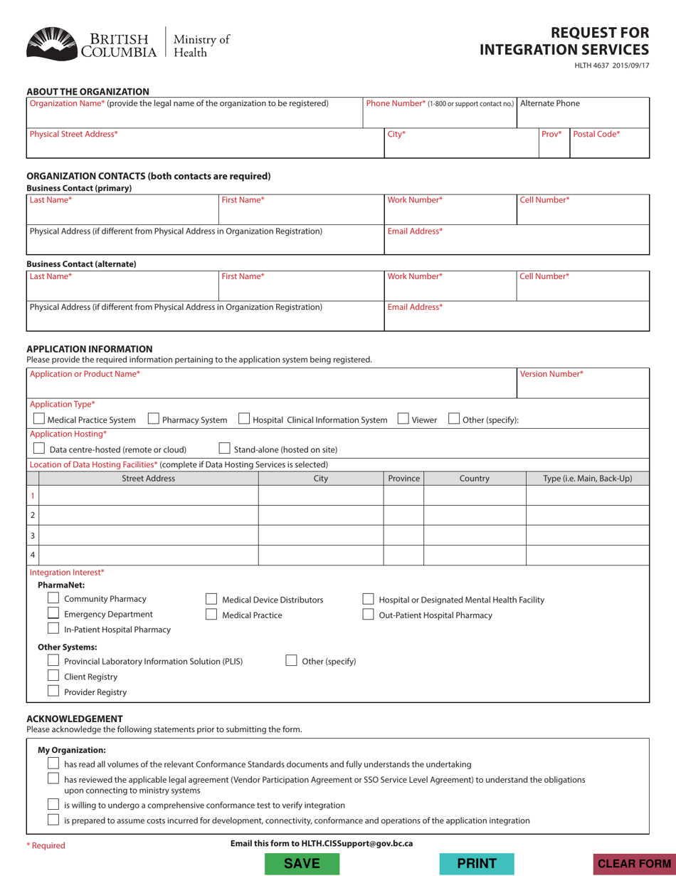 Form HLTH4637 Request for Integration Services - British Columbia, Canada, Page 1
