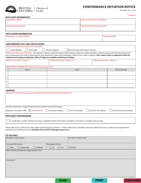 Form HLTH4636 Conformance Initiation Notice - British Columbia, Canada